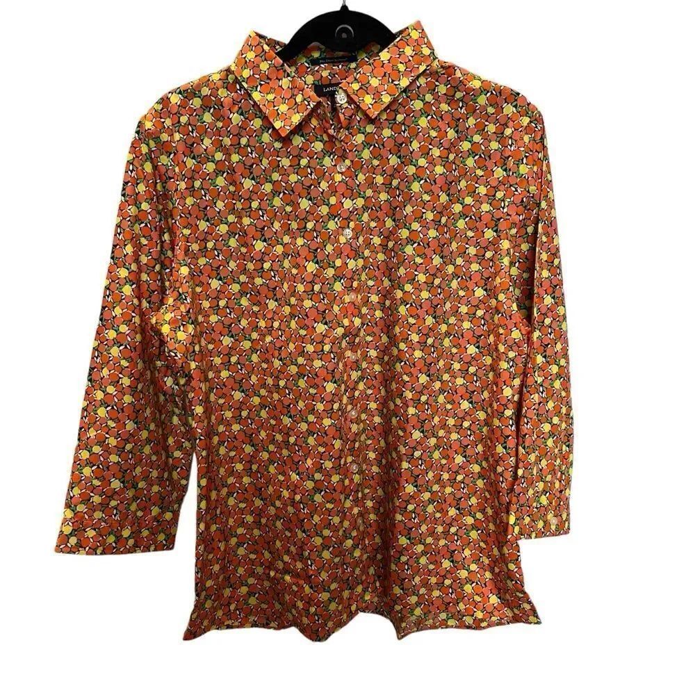 Lands' End Women's Button Up Blouse Orange/Ylw/Grn Citrus Pattern Size 16